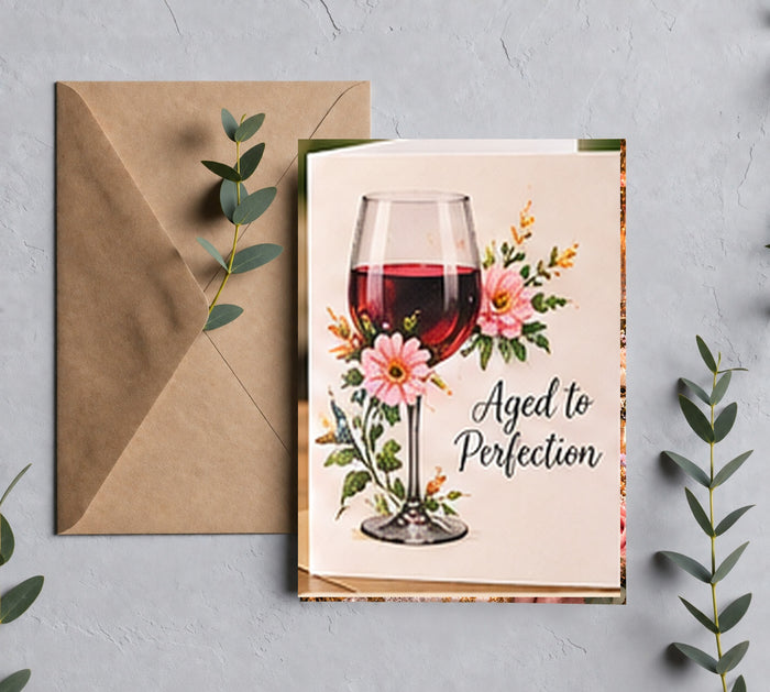 Aged to Perfection birthday greeting card mockup with kraft envelope