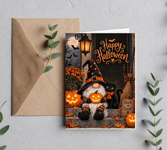Main product mockup showing the Halloween gnome pumpkin greeting card on a kraft envelope