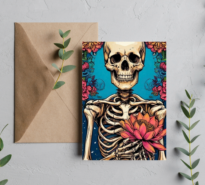 Skeleton & Bloom | Gothic Floral Skeleton Halloween Greeting Card | Blank 5x7 Card With Envelope