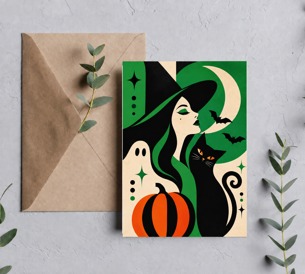 The Witch, The Ghost And The Black Cat | Vintage Halloween Greeting Card | Blank 5x7 Card With Envelope