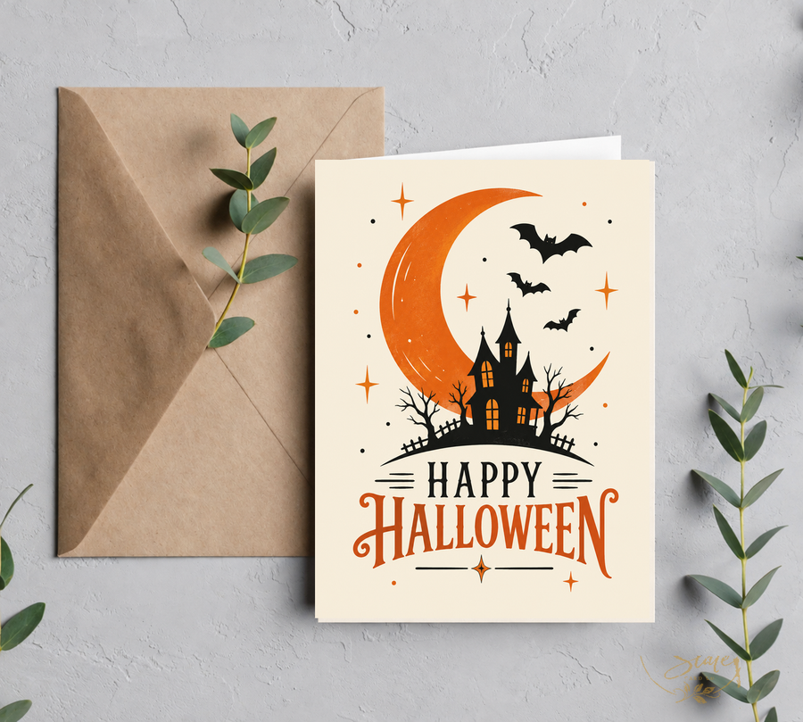 Main product mockup showing the haunted house Halloween greeting card on a kraft envelope