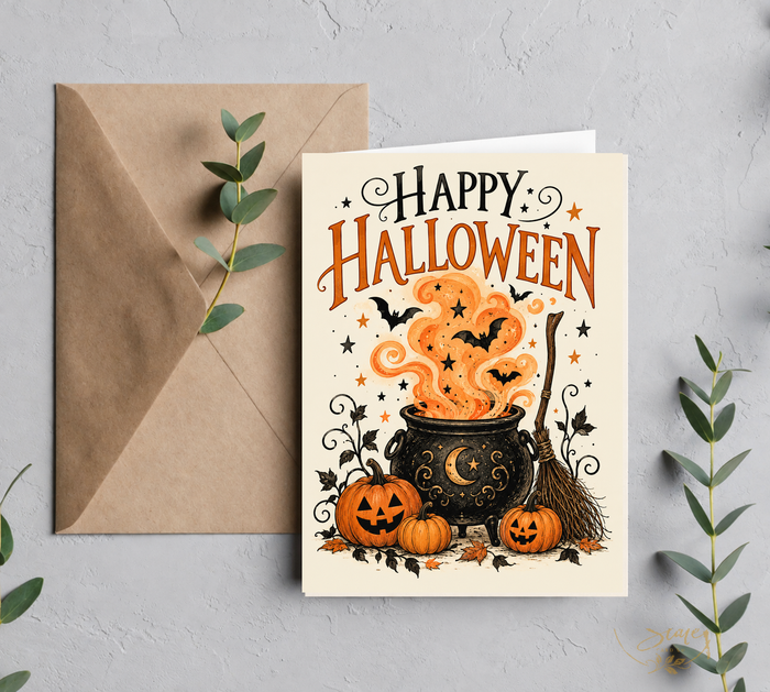 Main product mockup showing the witch cauldron Halloween greeting card on a kraft envelope