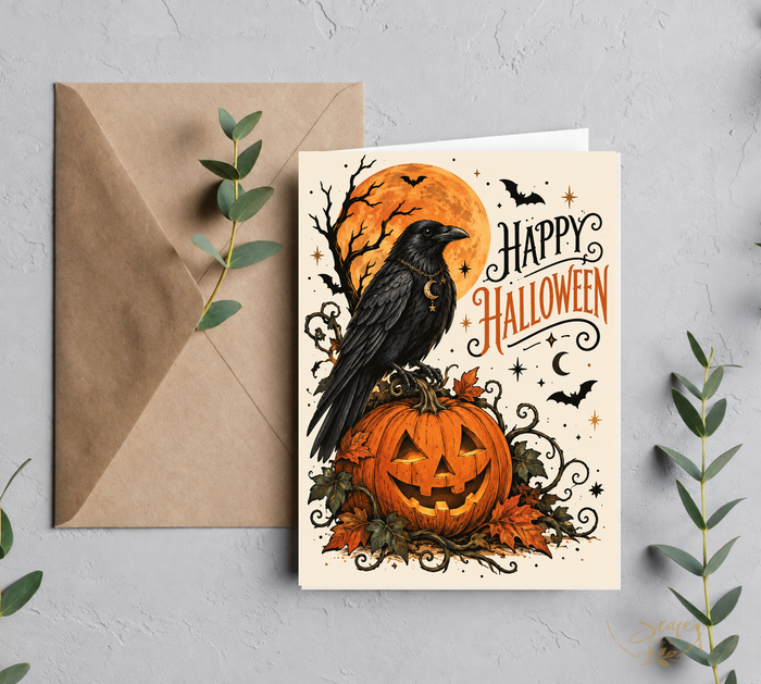 Main product mockup showing the raven and pumpkin Halloween greeting card on a kraft envelope