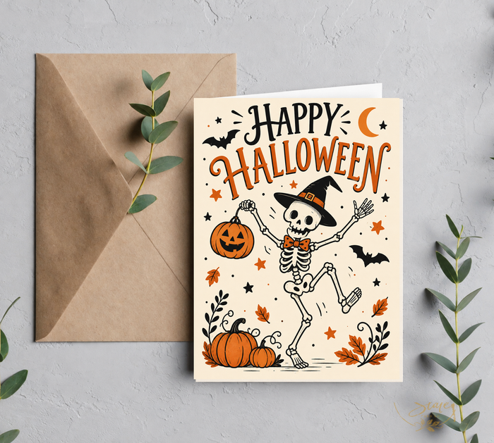 Main product mockup showing the dancing skeleton Halloween greeting card on a kraft envelope
