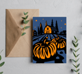 Pumpkins, Cabin & Night Scene | Spooky Halloween Greeting Card With Envelope | Blank 5” x 7” Cards