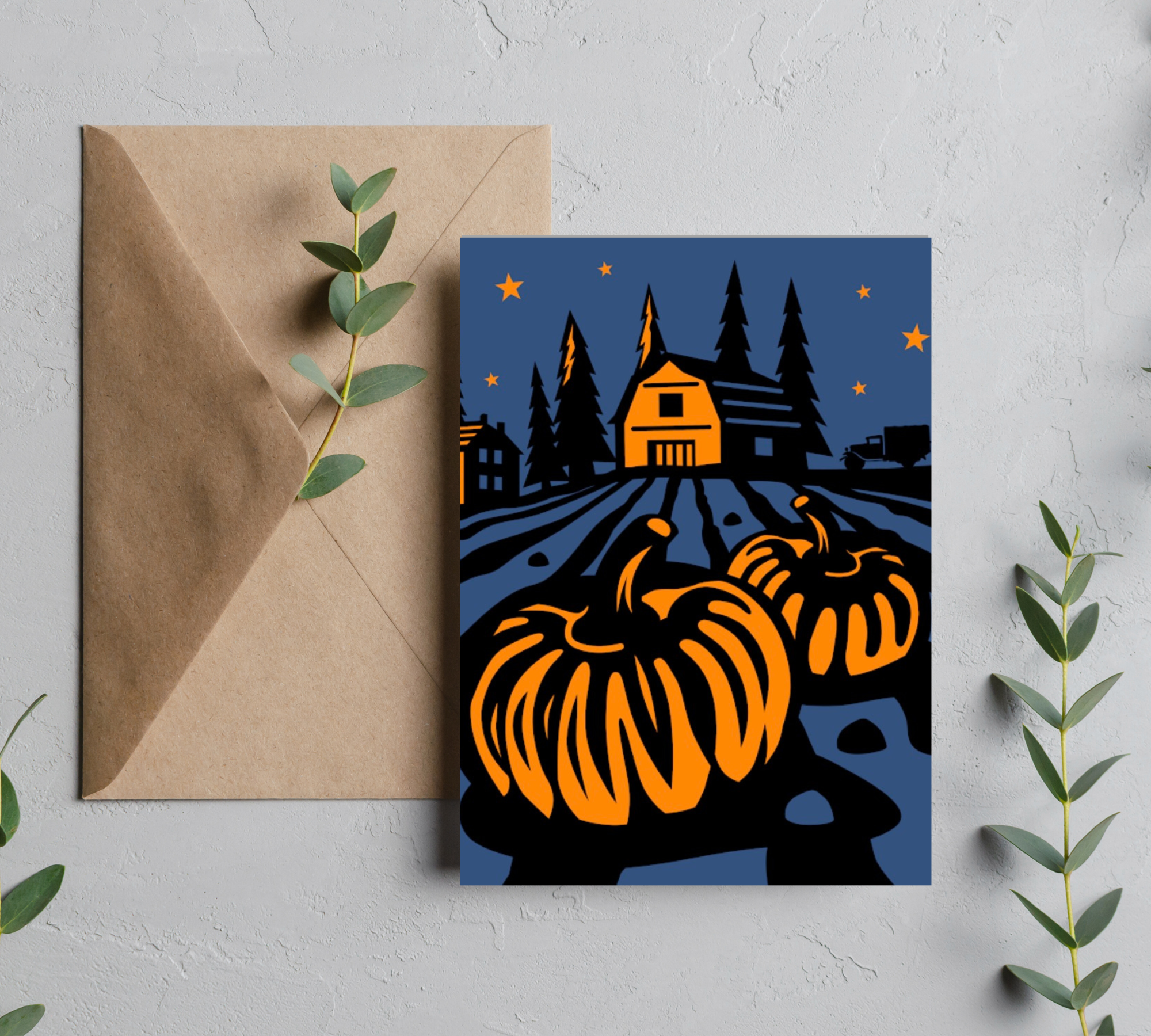 Pumpkins, Cabin & Night Scene | Spooky Halloween Greeting Card With Envelope | Blank 5” x 7” Cards