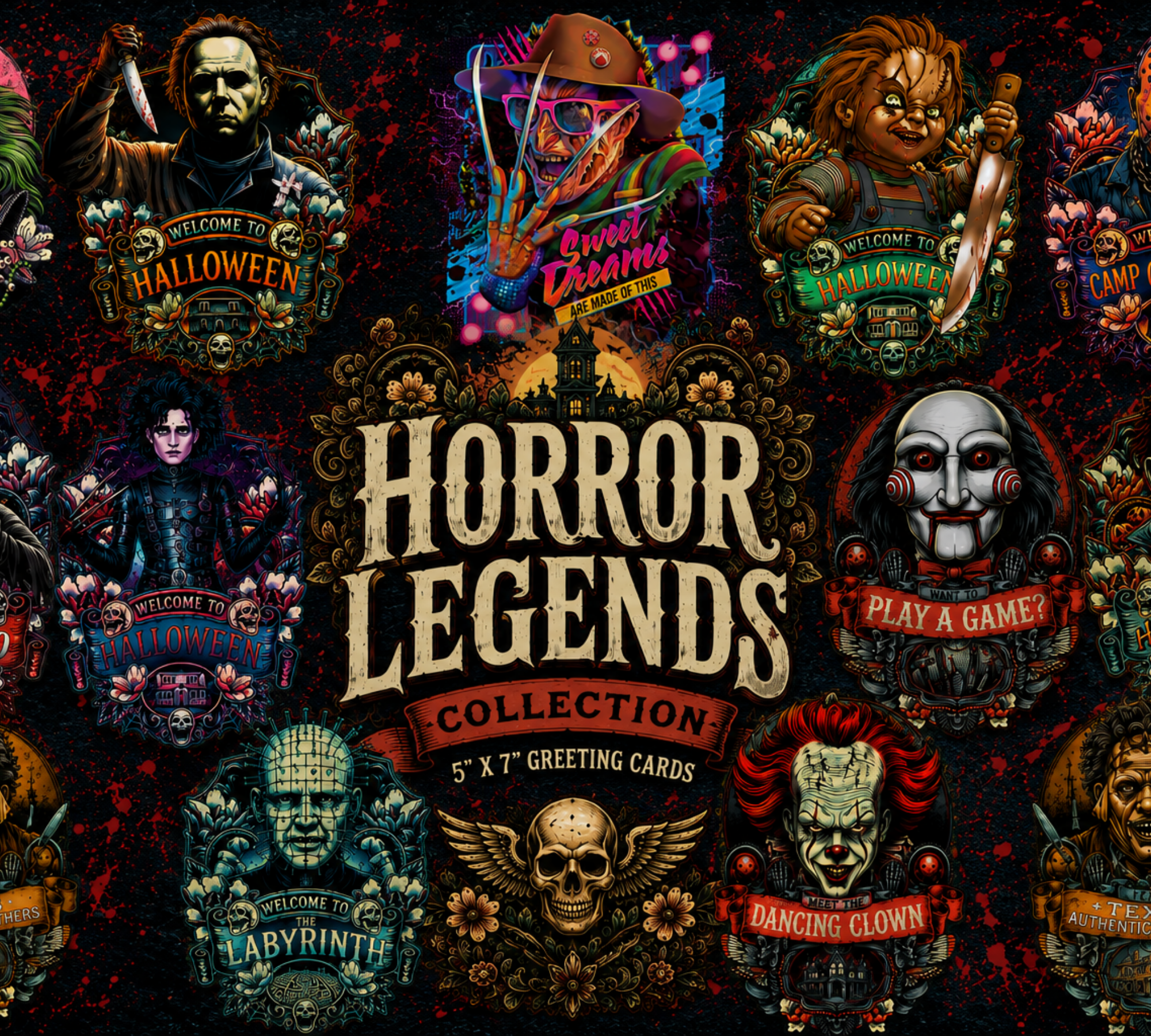 Horror Legends Card Collections | Iconic Halloween Villains | Blank Horror Stationery Set of 16 Cards