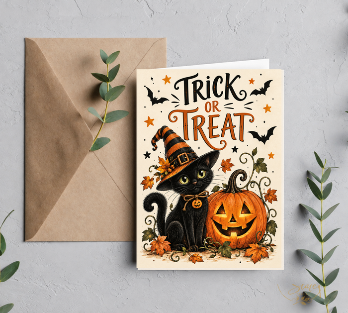 Main product mockup showing the Trick or Treat black cat Halloween card on a kraft envelope