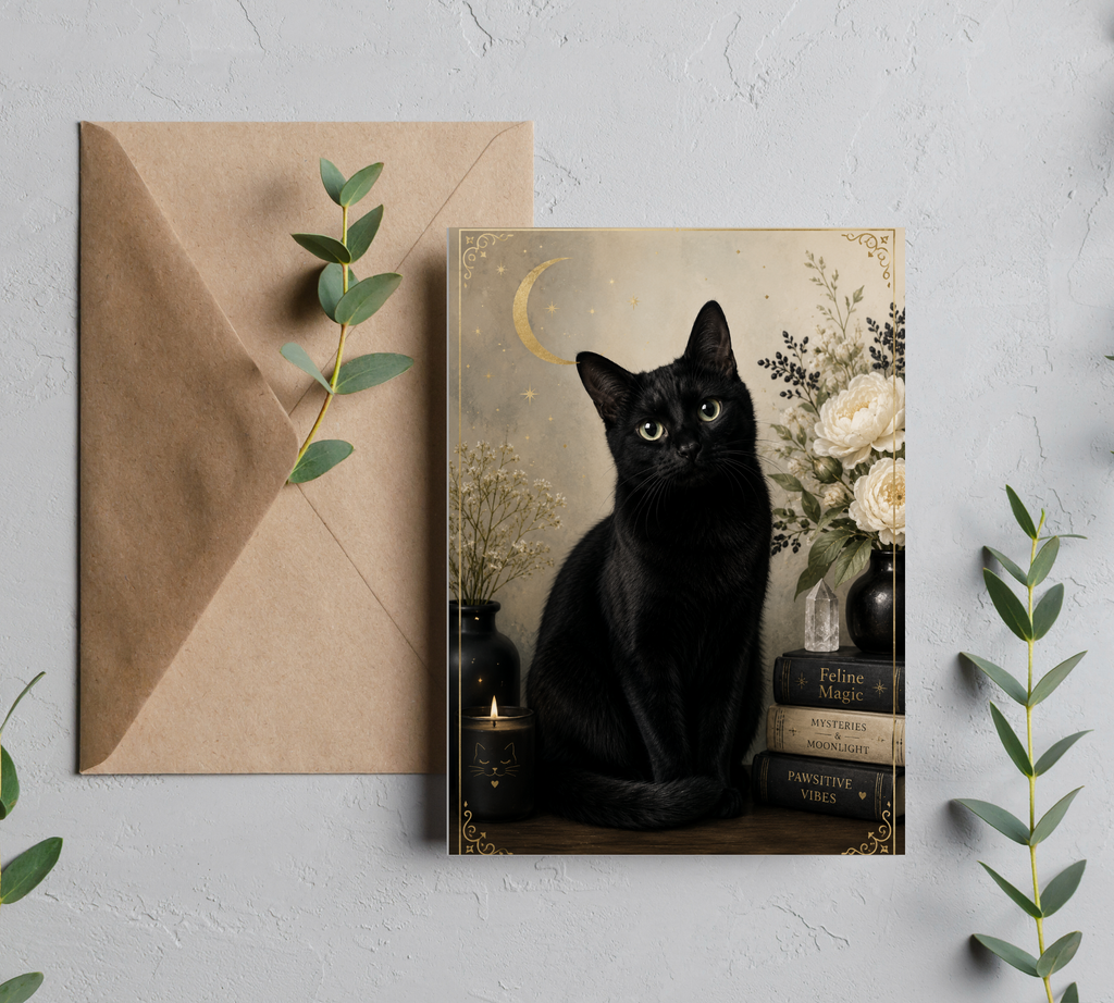 A Good Witches Moonlight Black Cat - Halloween Greeting Card with Envelope, Blank 5x7 Card