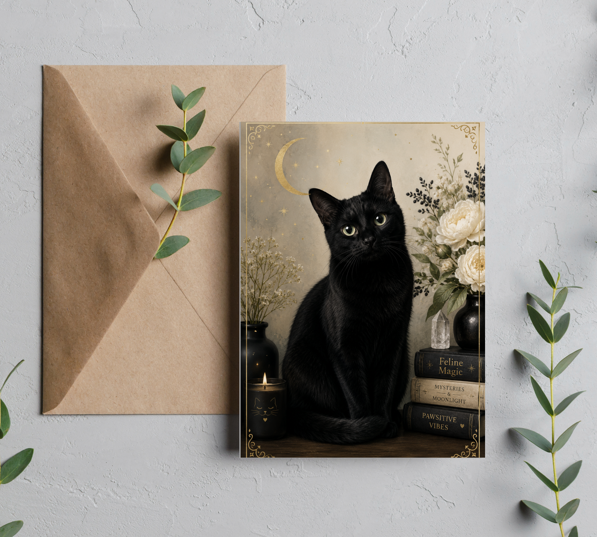 A Good Witches Moonlight Black Cat - Halloween Greeting Card with Envelope, Blank 5x7 Card