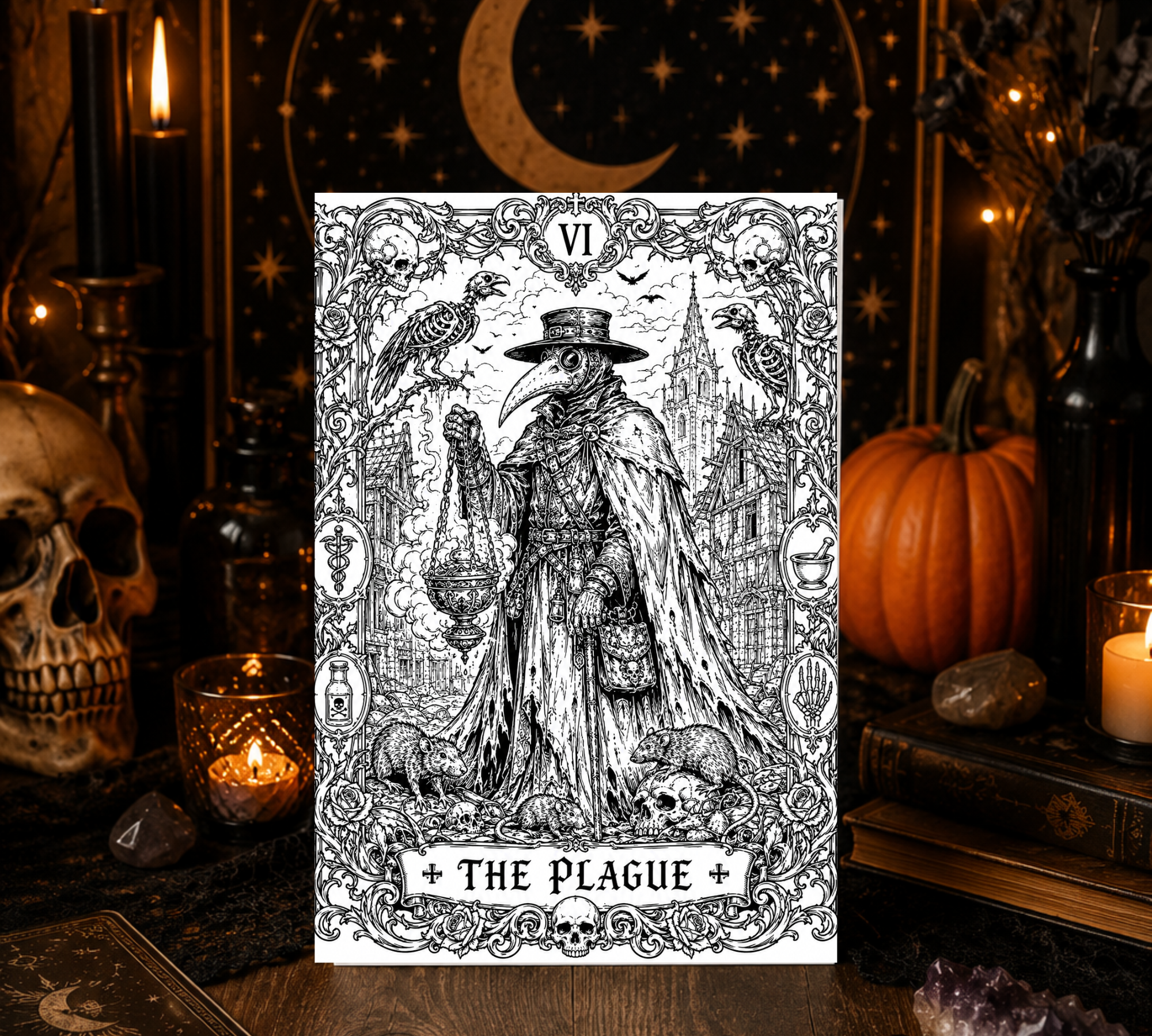 The Plague Halloween Coloring Card – Gothic Plague Doctor Greeting Card | 5x7 Adult Coloring Card