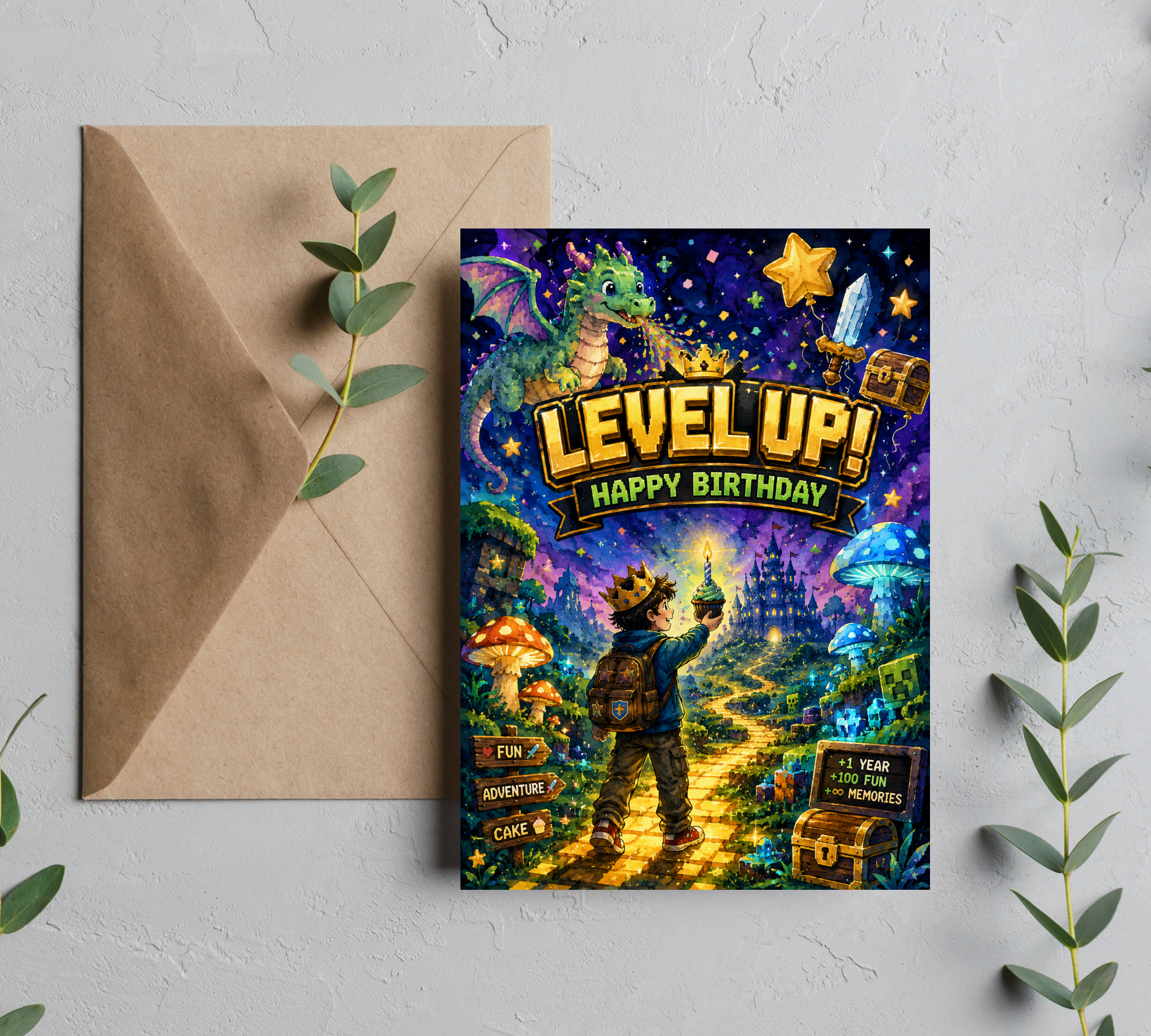 Epic Level Up Birthday Card | Fantasy Adventure Birthday Greeting Card With Envelope | Blank 5x7 Card for Kids & Gamers