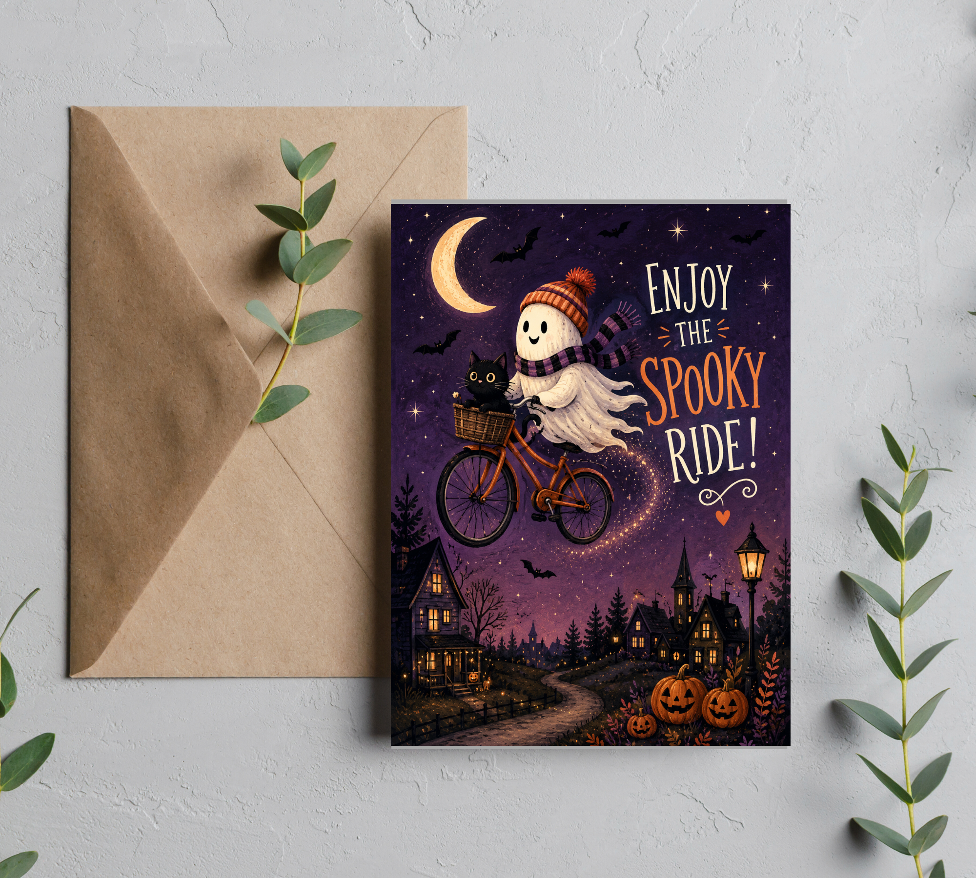 Spooky Ghost Halloween Greeting Card with Envelope – Blank 5x7 Card