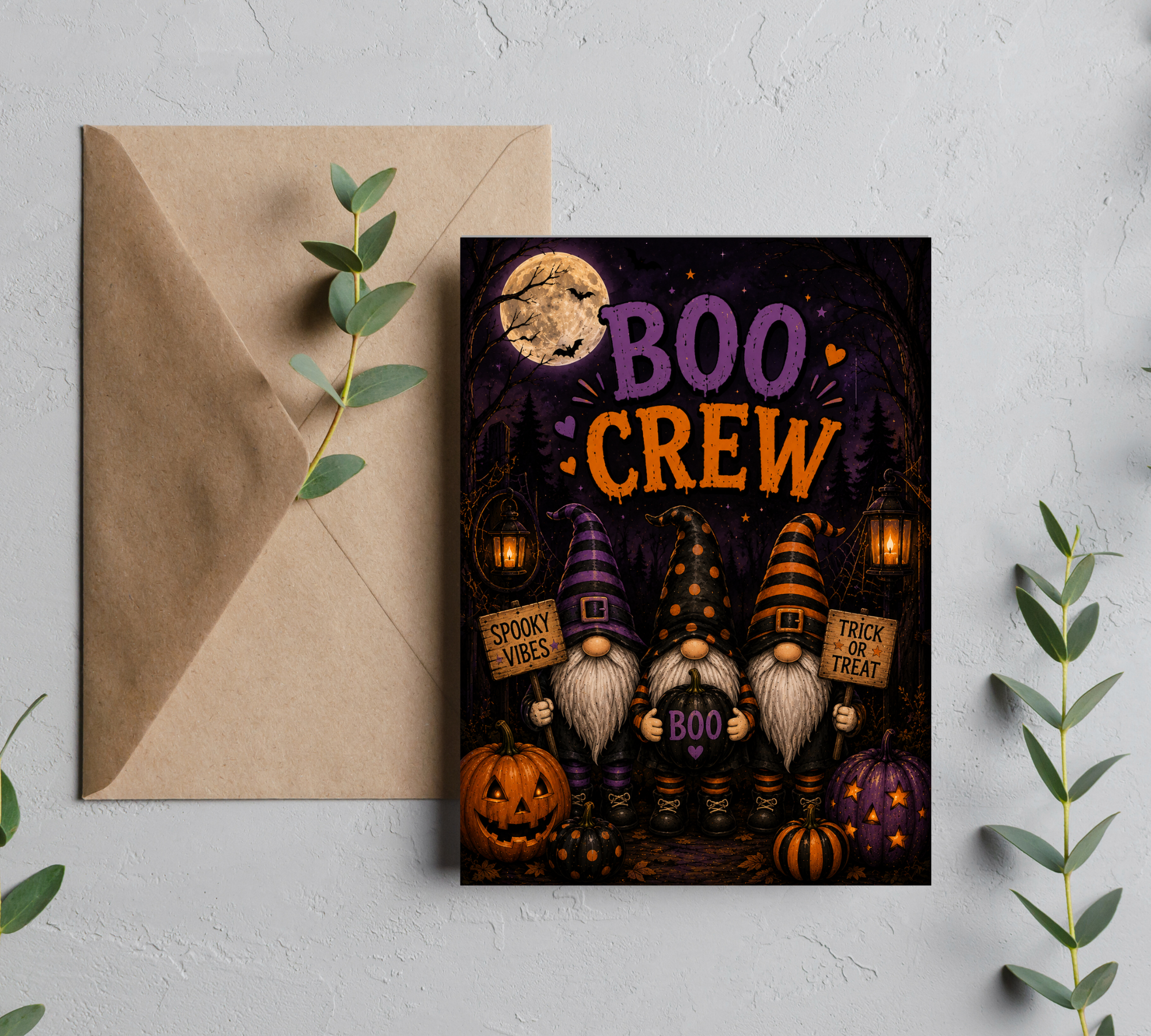 The Gnomes Boo Crew | Halloween Greeting Card With Envelope | Blank 5X7 Card