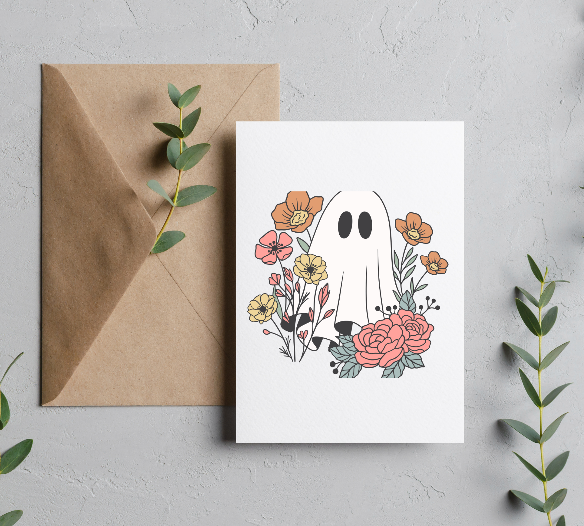 Cute Retro Floral Ghost Halloween Greeting Card with Envelope – Blank 5x7 Card
