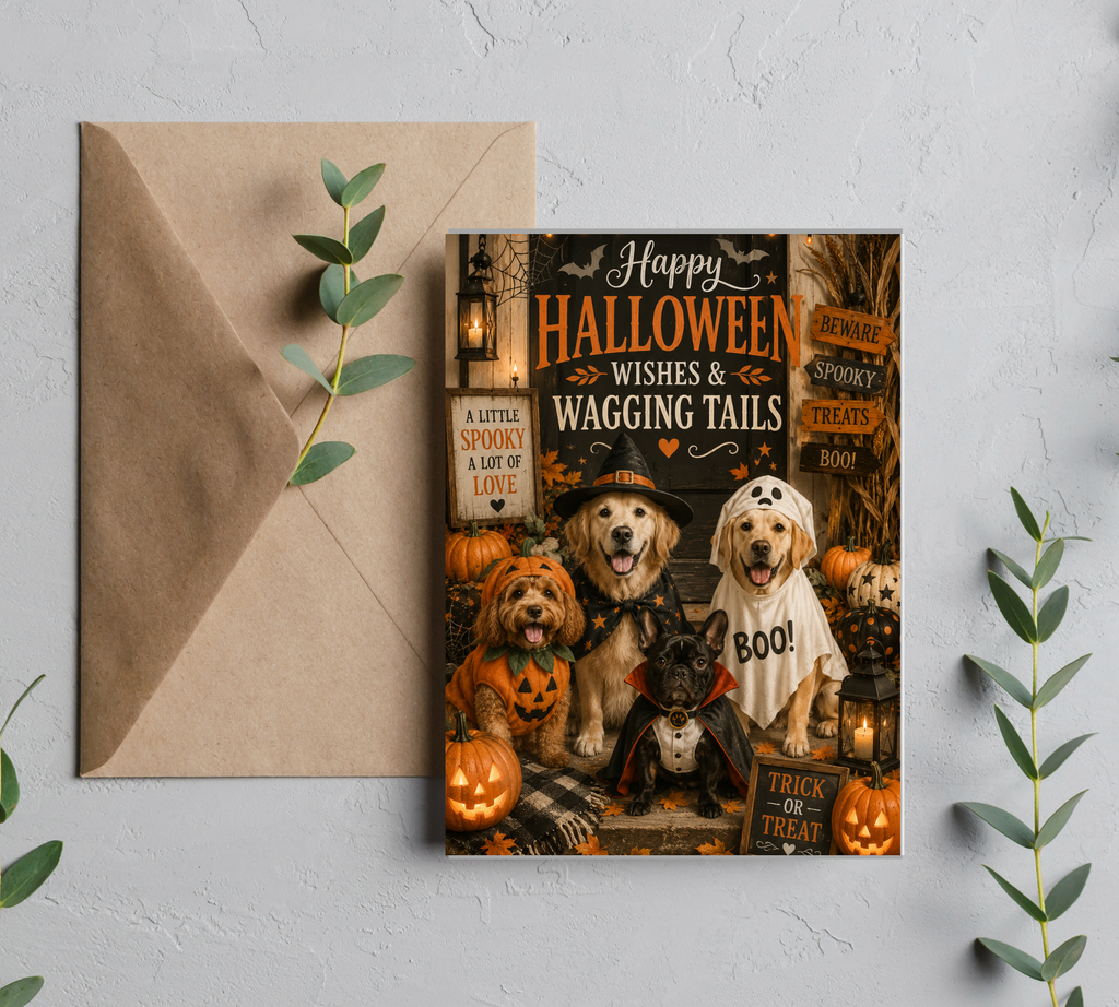 Halloween Dog Greeting Card with Envelope – Happy Halloween Wishes & Wagging Tails, Blank 5x7 Card