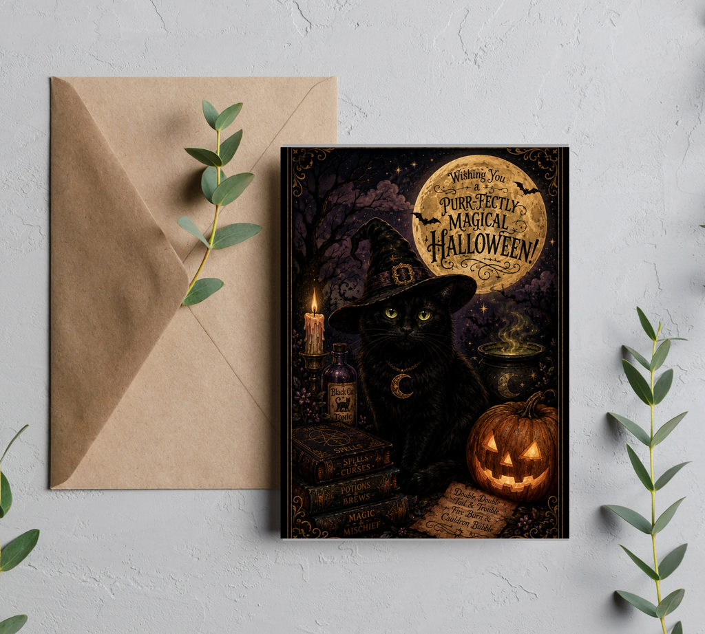 Wishing You A Purr-fectly Halloween | Greeting Card with Envelope | Blank 5x7 Card