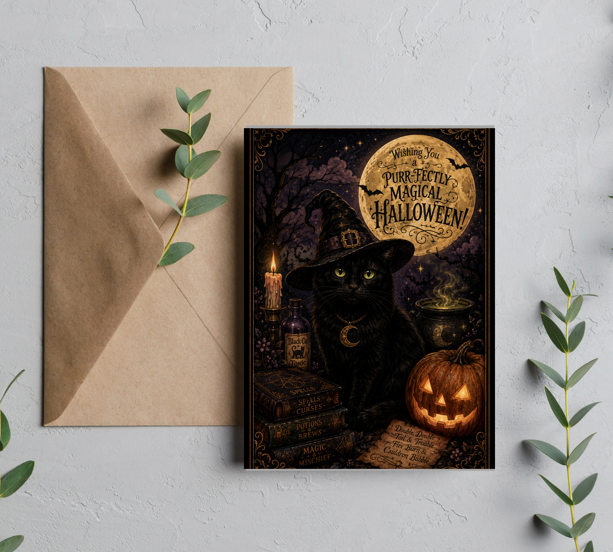 Wishing You A Purr-fectly Halloween | Greeting Card with Envelope | Blank 5x7 Card