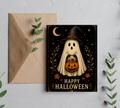Witch Ghost Halloween Greeting Card with Envelope – Blank 5x7 Card