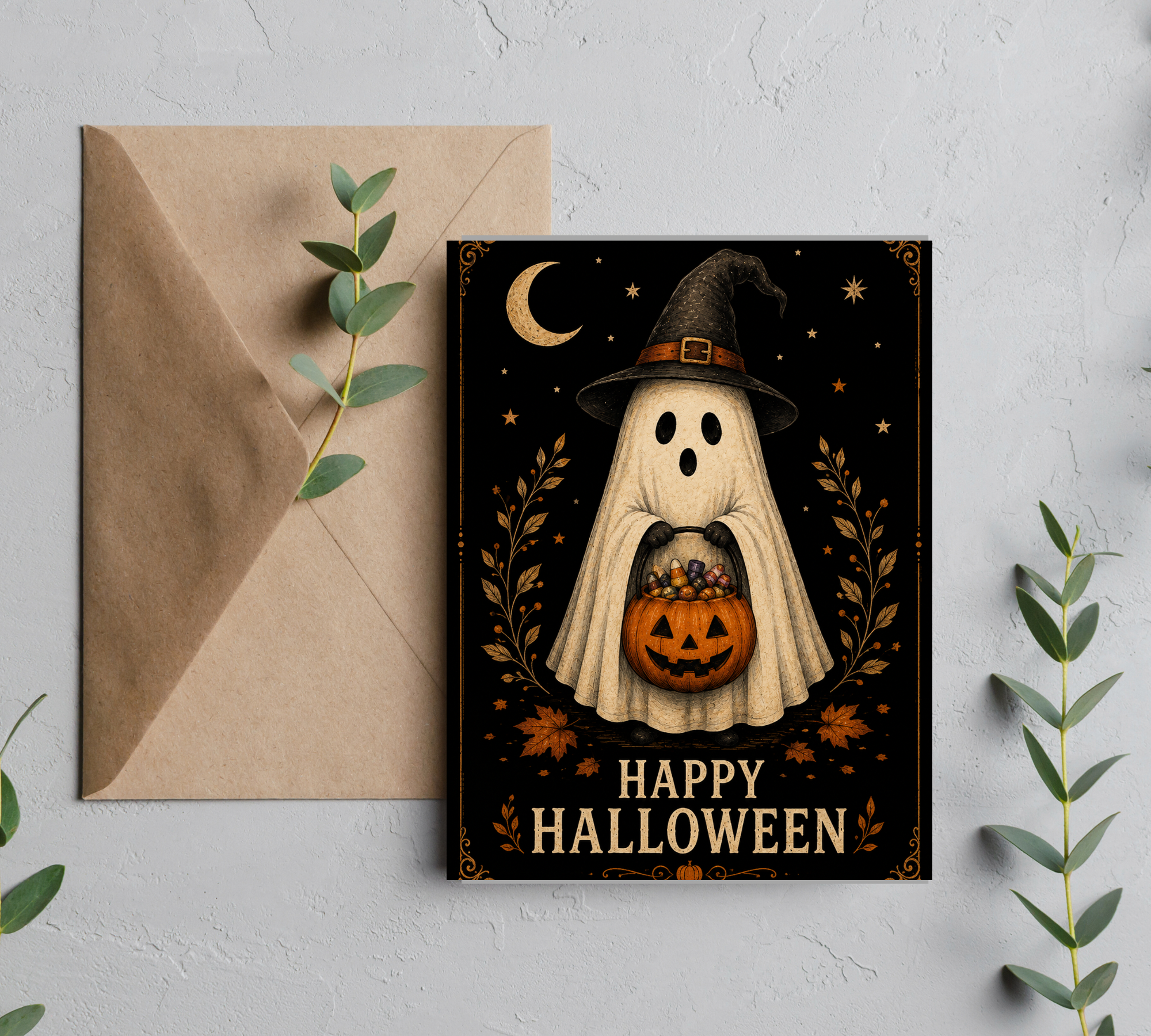 Witch Ghost Halloween Greeting Card with Envelope – Blank 5x7 Card