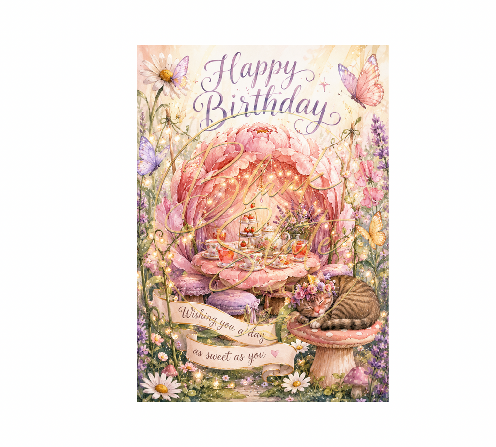 Whimsical Tea Party Birthday Card | Floral Butterfly & Cat Birthday Greeting Card With Envelope | Blank 5x7 Card For Her