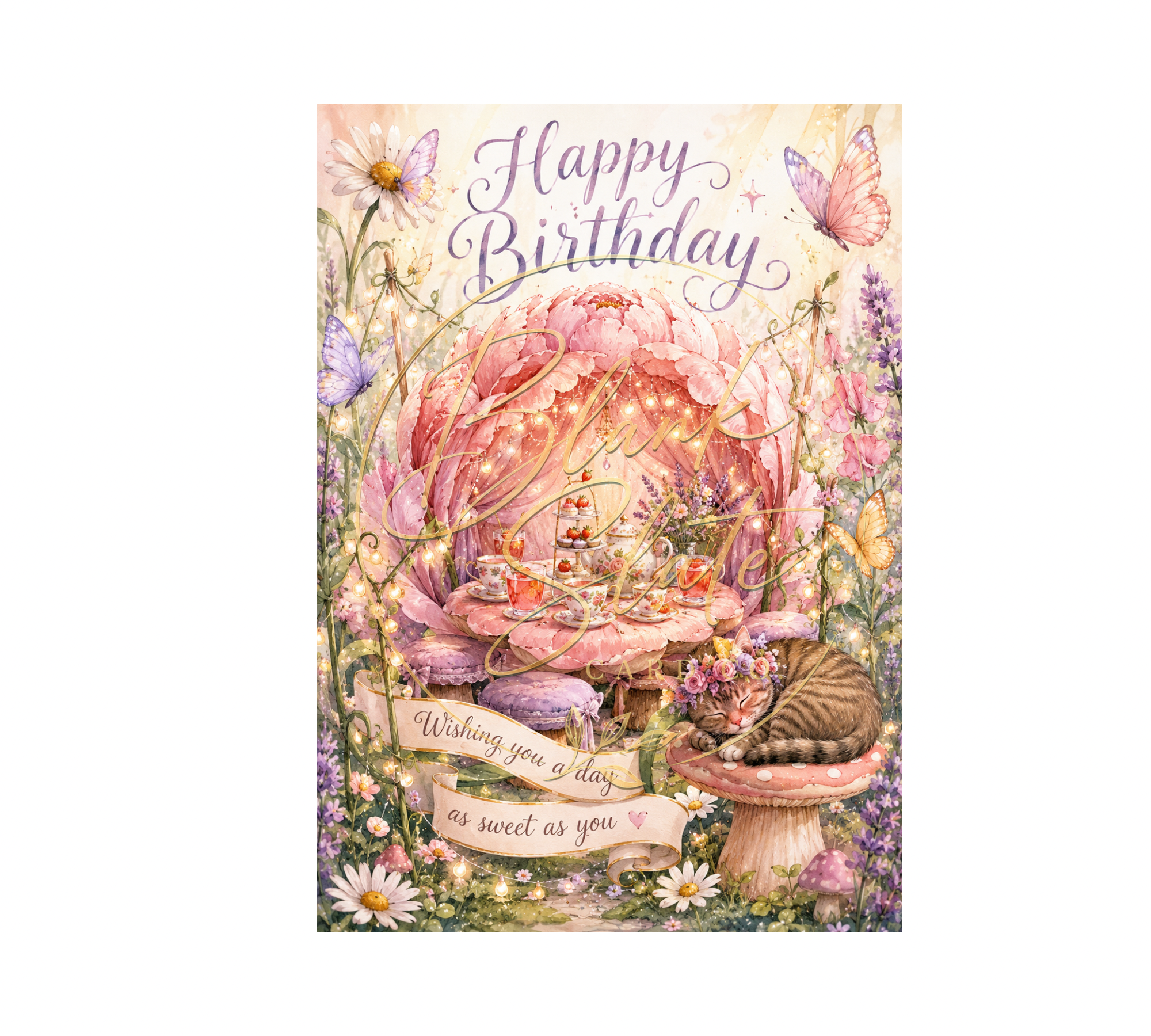 Whimsical Tea Party Birthday Card | Floral Butterfly & Cat Birthday Greeting Card With Envelope | Blank 5x7 Card For Her