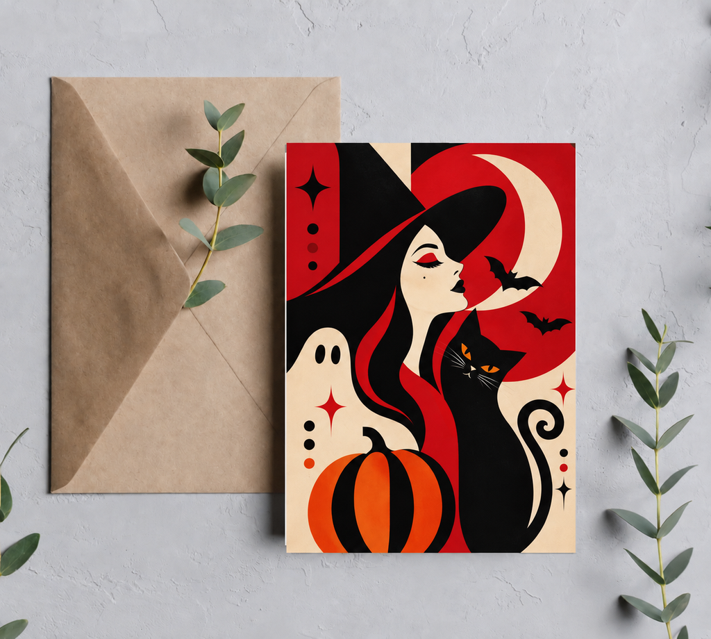 The Witch, The Ghost And The Black Cat | Vintage Halloween Greeting Card | Blank 5x7 Card With Envelope