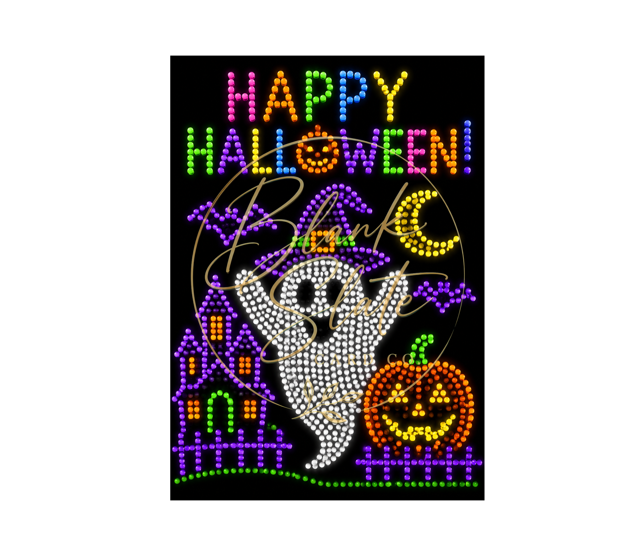 Whimsical Lite Brite Ghost & Pumpkin | Colorful Halloween Greeting Card With Envelope | Blank 5” x 7” Card