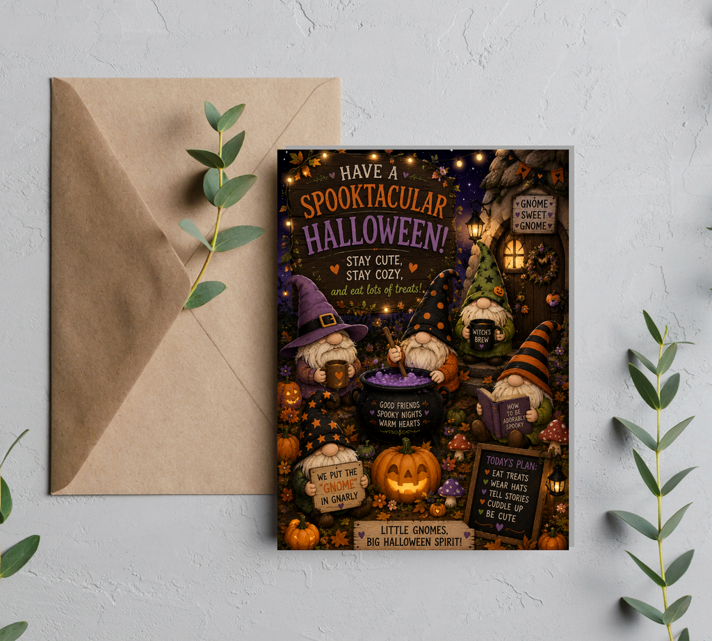 Gnomies Potions Party | Halloween Greeting Card With Envelope | Blank 5x7 Card