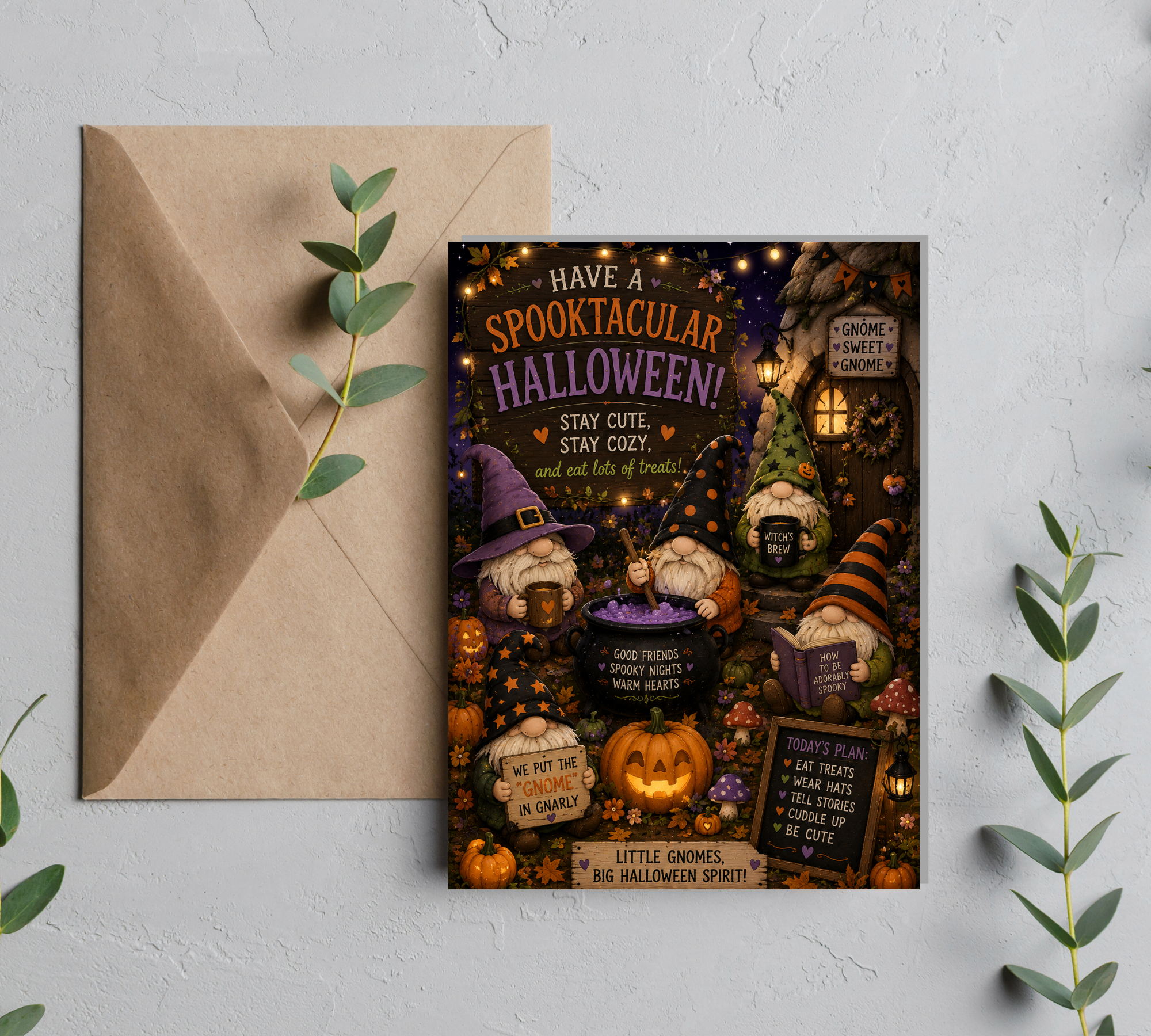 Gnomies Potions Party | Halloween Greeting Card With Envelope | Blank 5x7 Card