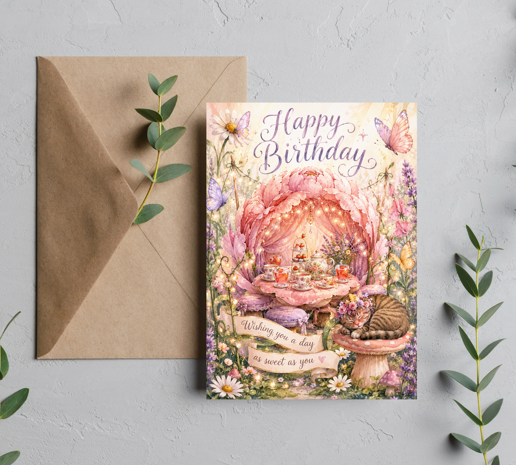 Whimsical Tea Party Birthday Card | Floral Butterfly & Cat Birthday Greeting Card With Envelope | Blank 5x7 Card For Her