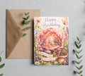 Whimsical Tea Party Birthday Card | Floral Butterfly & Cat Birthday Greeting Card With Envelope | Blank 5x7 Card For Her