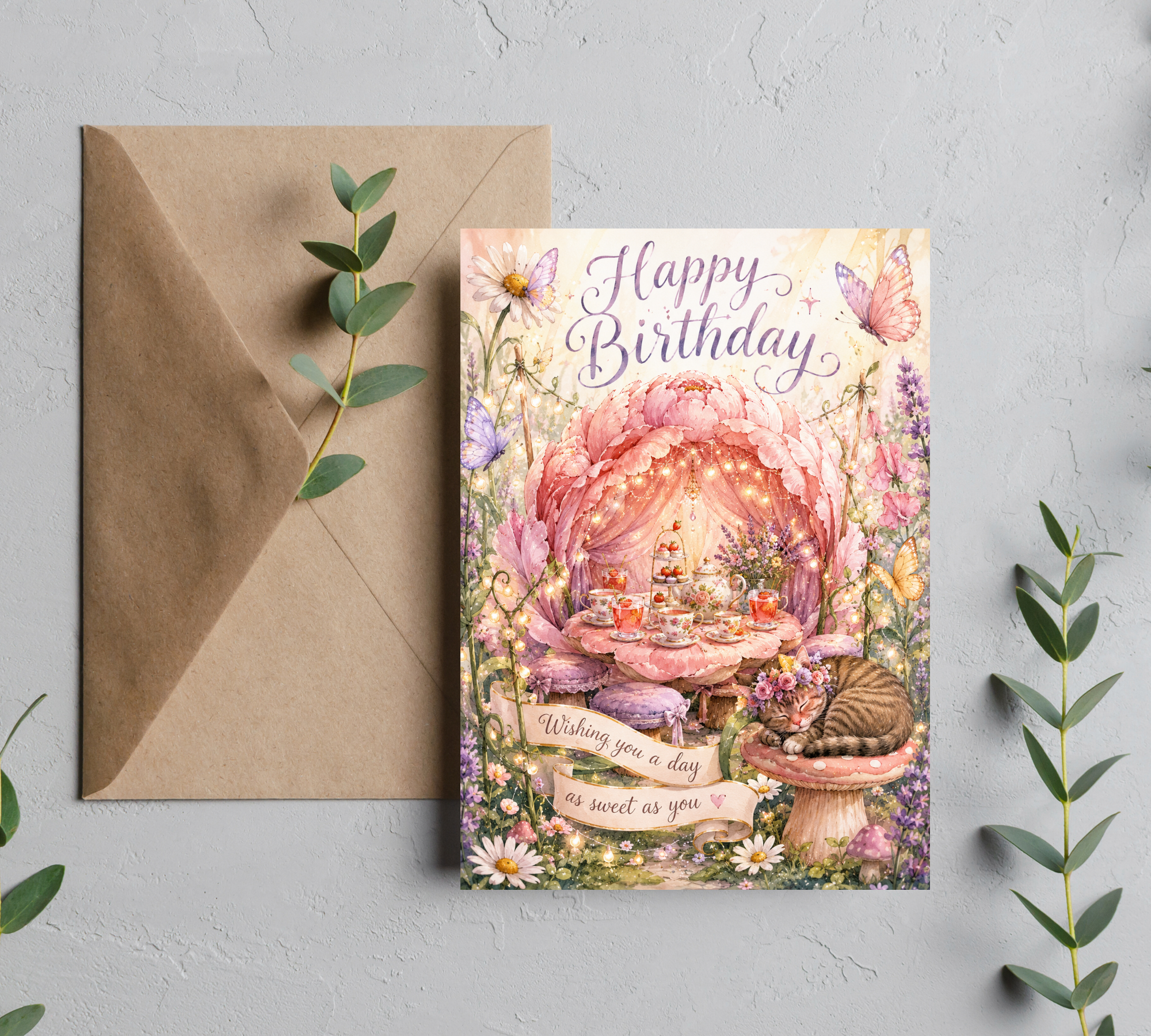 Whimsical Tea Party Birthday Card | Floral Butterfly & Cat Birthday Greeting Card With Envelope | Blank 5x7 Card For Her