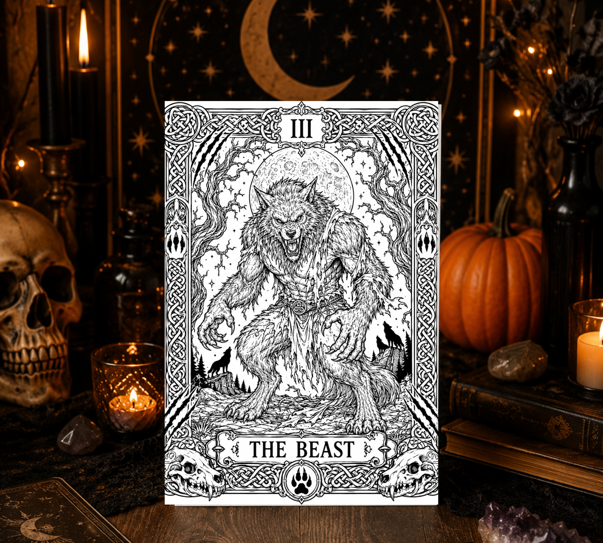 The Beast Halloween Coloring Card – Gothic Werewolf Greeting Card | 5x7 Adult Coloring Card
