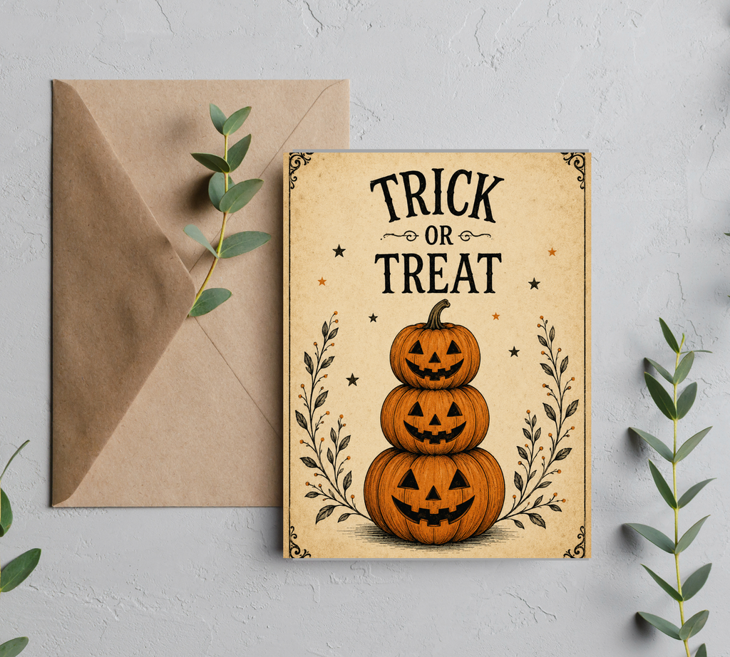 Trick or Treat Pumpkin Halloween Greeting Card with Envelope – Blank 5x7 Card