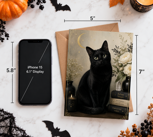 A Good Witches Moonlight Black Cat - Halloween Greeting Card with Envelope, | Spooky Halloween Greeting Card | Blank 5x7 Card With Envelope