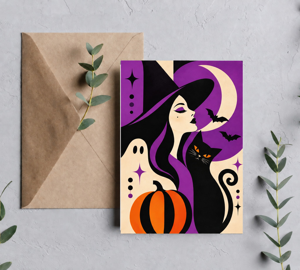 The Witch, The Ghost And The Black Cat | Vintage Halloween Greeting Card | Blank 5x7 Card With Envelope
