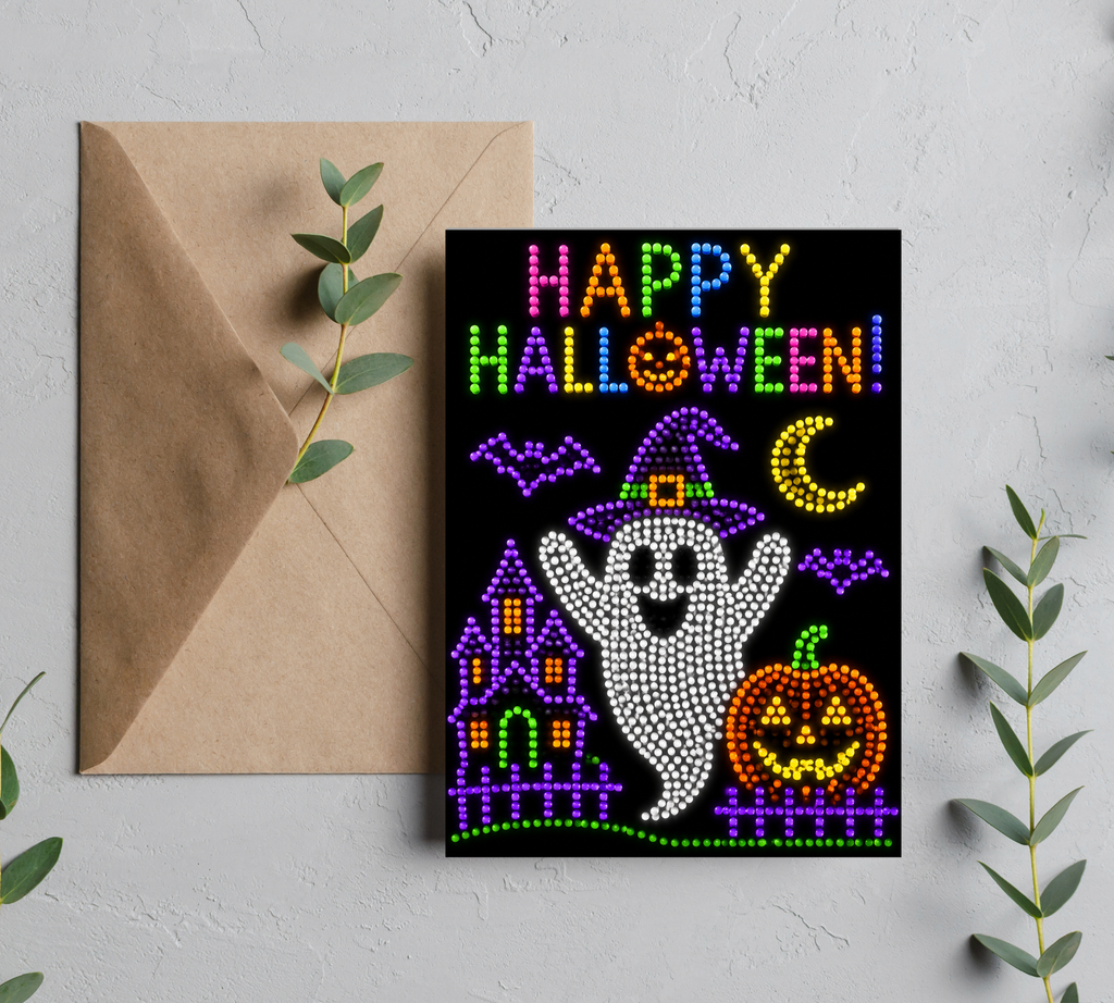 Whimsical Lite Brite Ghost & Pumpkin | Colorful Halloween Greeting Card With Envelope | Blank 5” x 7” Card