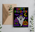 Whimsical Lite Brite Ghost & Pumpkin | Colorful Halloween Greeting Card With Envelope | Blank 5” x 7” Card