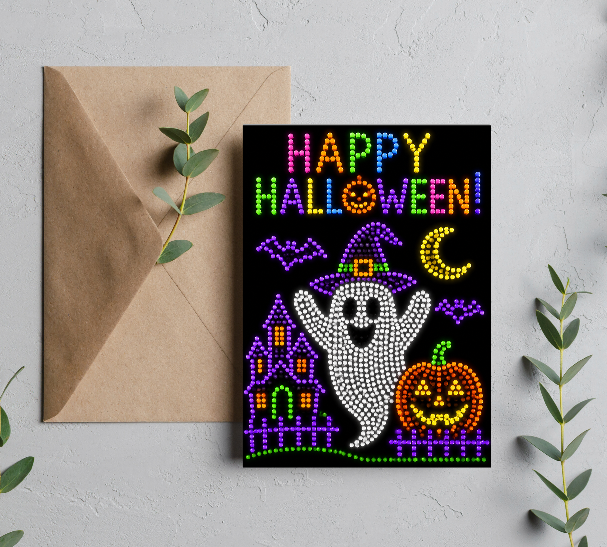 Whimsical Lite Brite Ghost & Pumpkin | Colorful Halloween Greeting Card With Envelope | Blank 5” x 7” Card