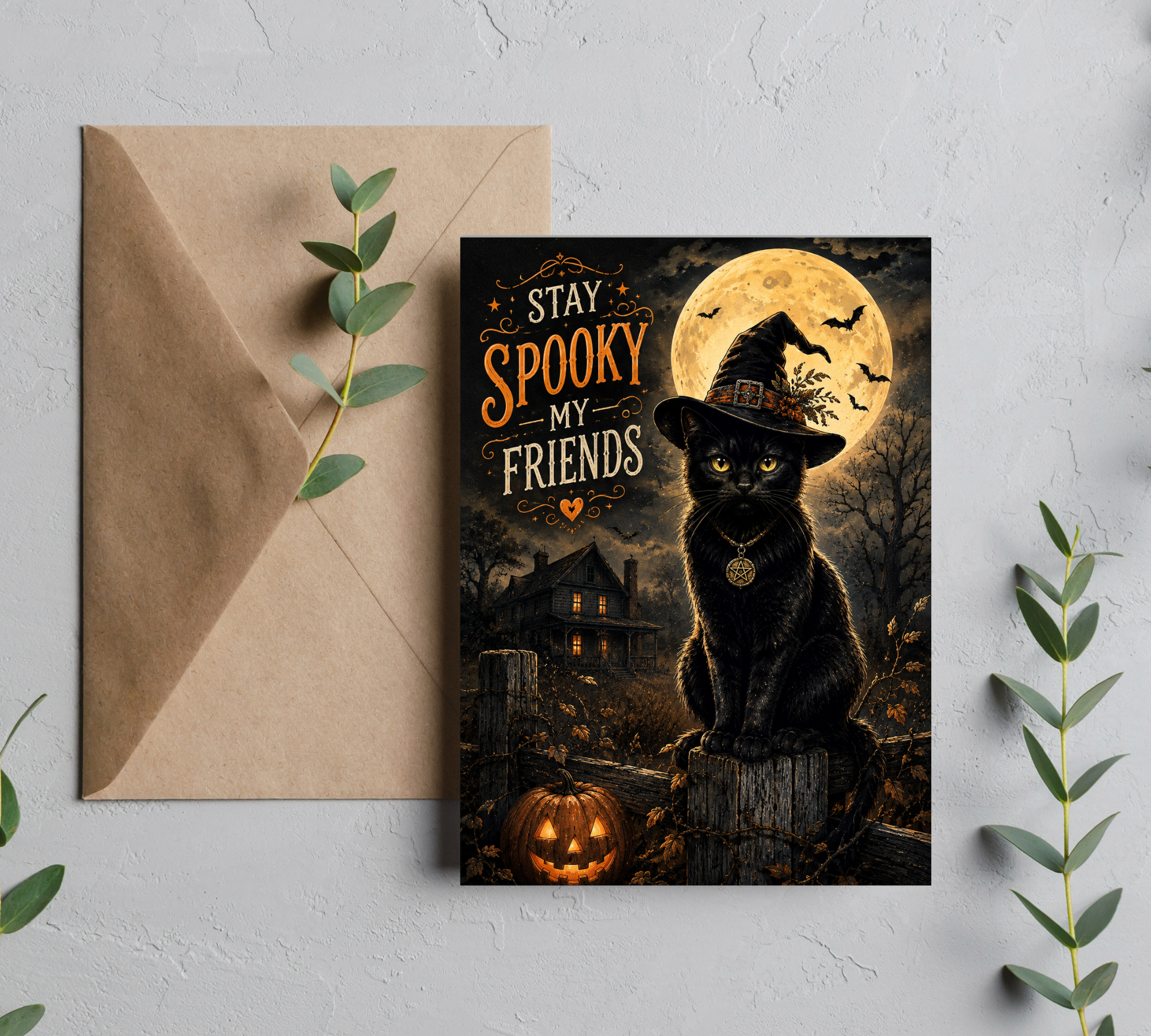 Stay Spooky My Friends, Black Cat Halloween Greeting Card with Envelope – Blank 5x7 Card