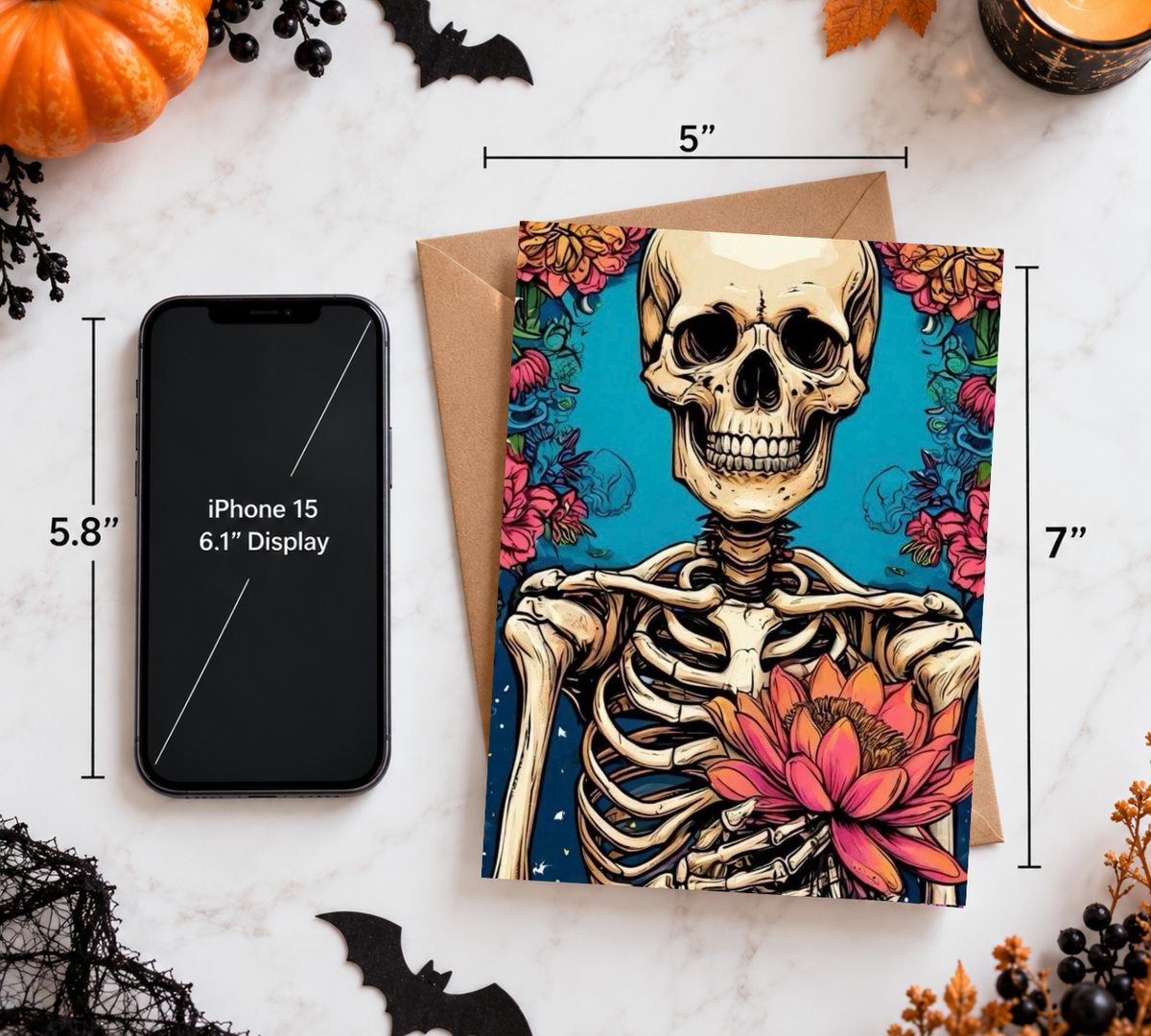 Skeleton & Bloom | Gothic Floral Skeleton Halloween Greeting Card | Blank 5x7 Card With Envelope