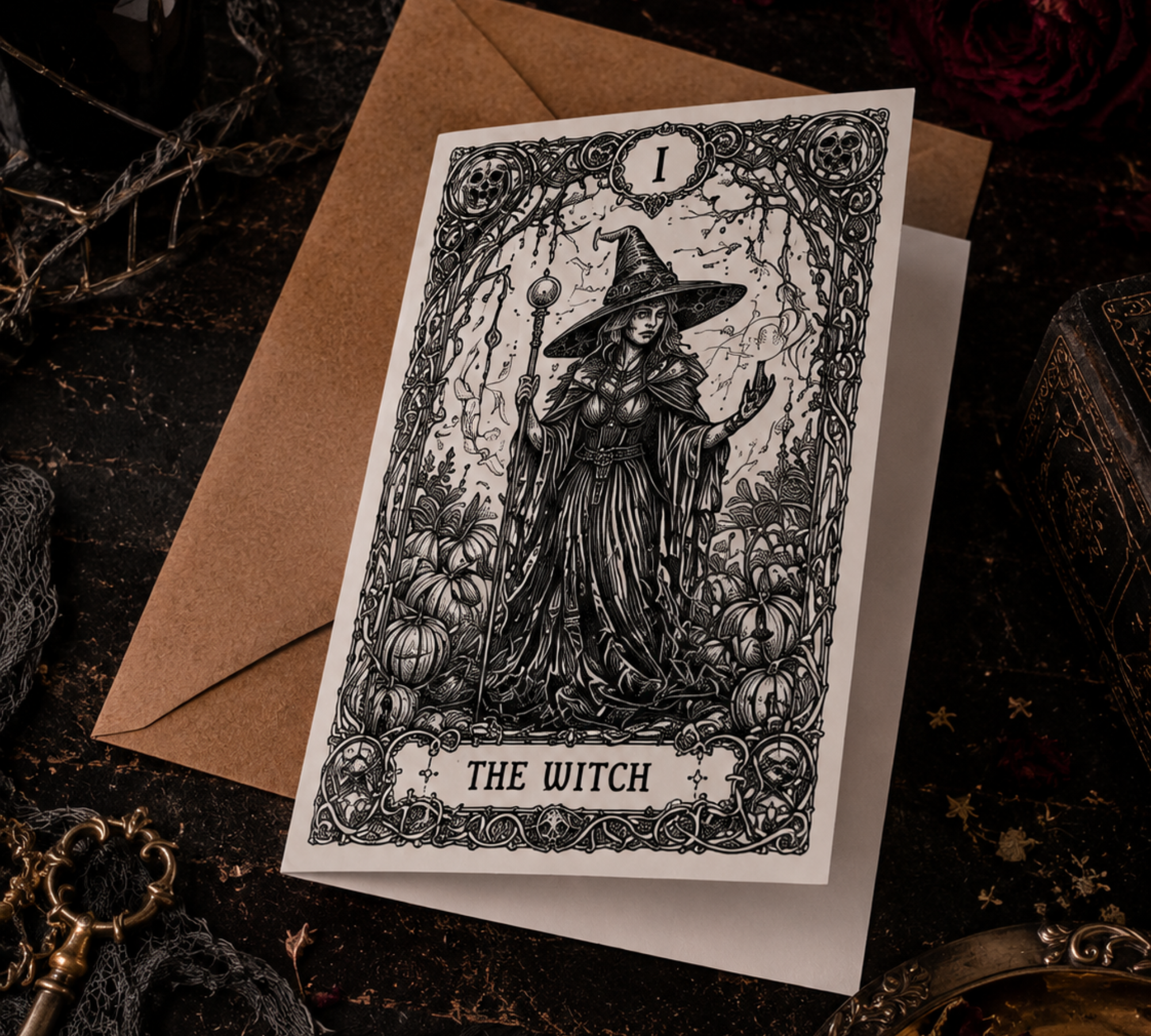 Dark Fantasy Halloween Tarot Cards Collection | DIY Adult Gothic Coloring Cards Set With Envelopes | Blank 5x7 Cards