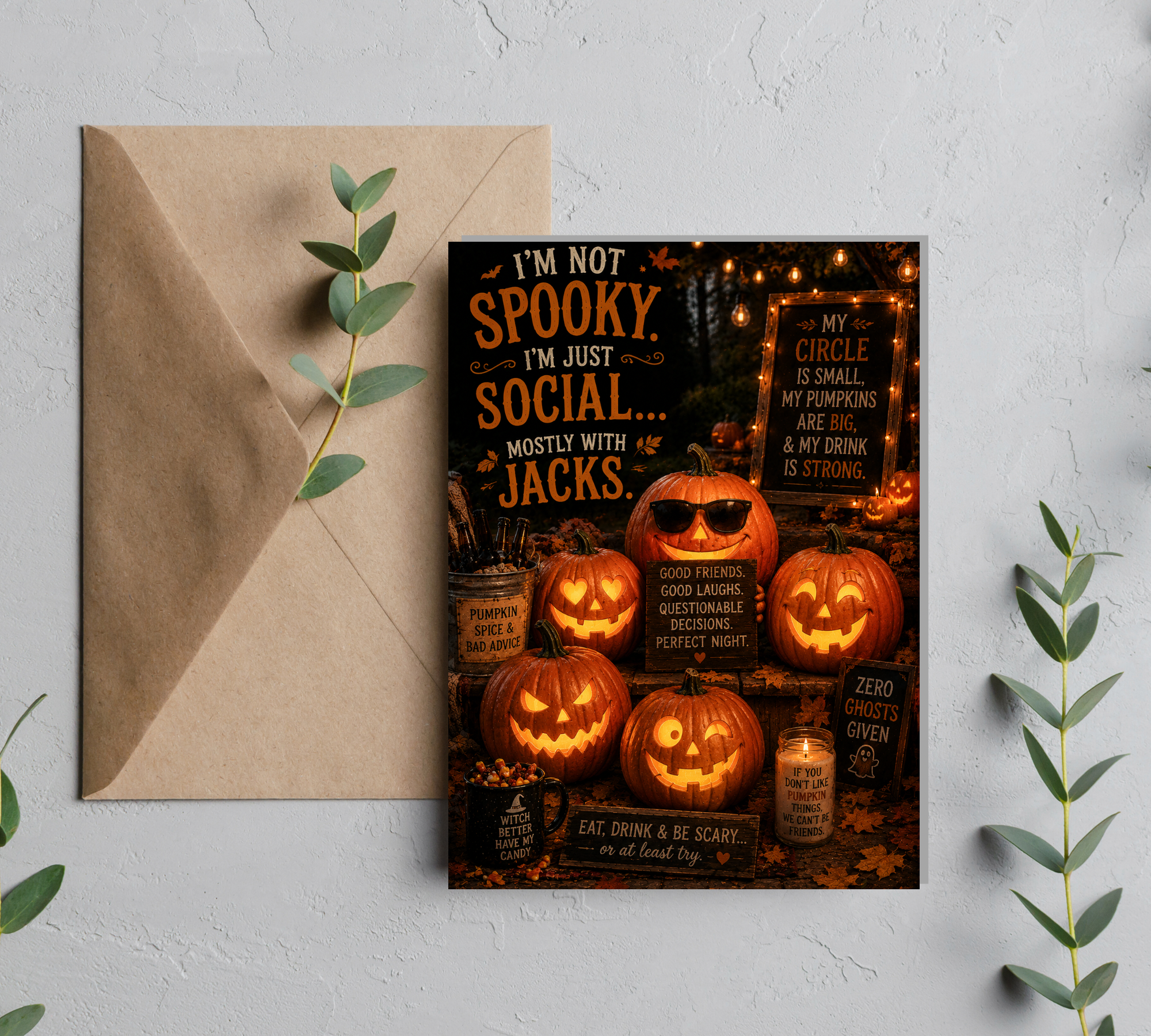 I’m Not Spooky, I’m Just Social  | Funny Halloween Pumpkin Greeting Card | Blank 5x7 Card