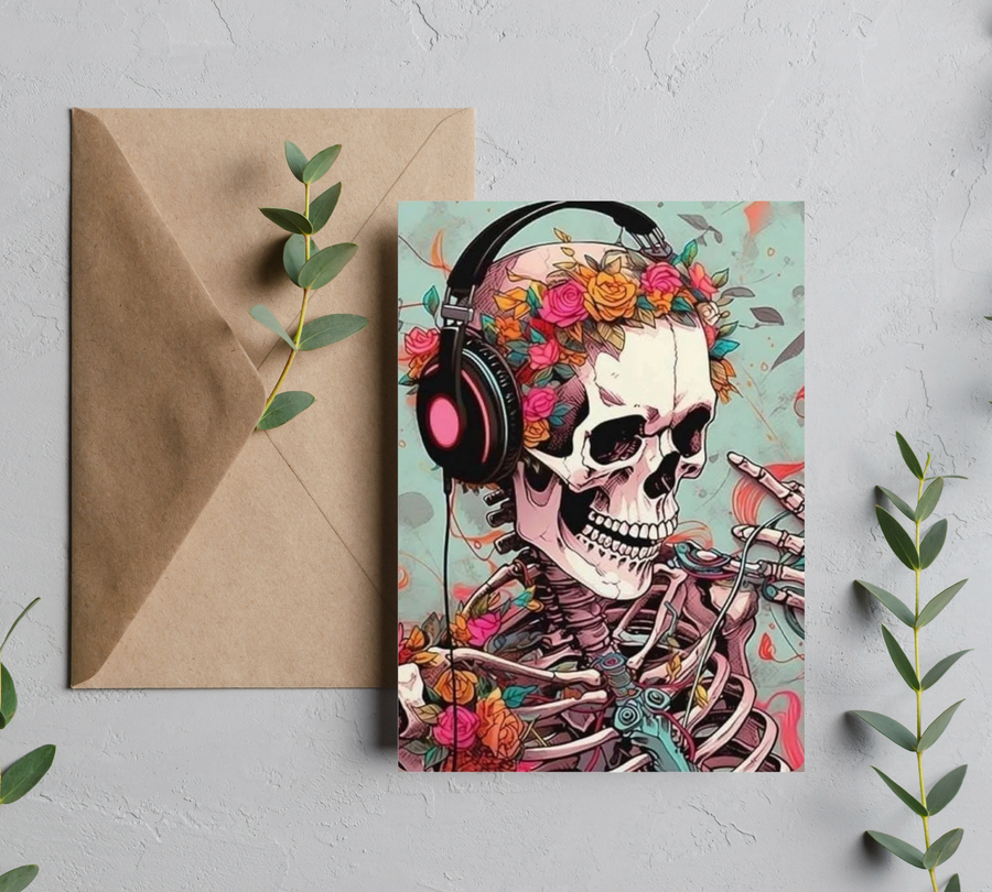 Dj Floral Skeleton Halloween Card | Spooky Floral Skull Greeting Card | Blank 5x7 Card with Envelope