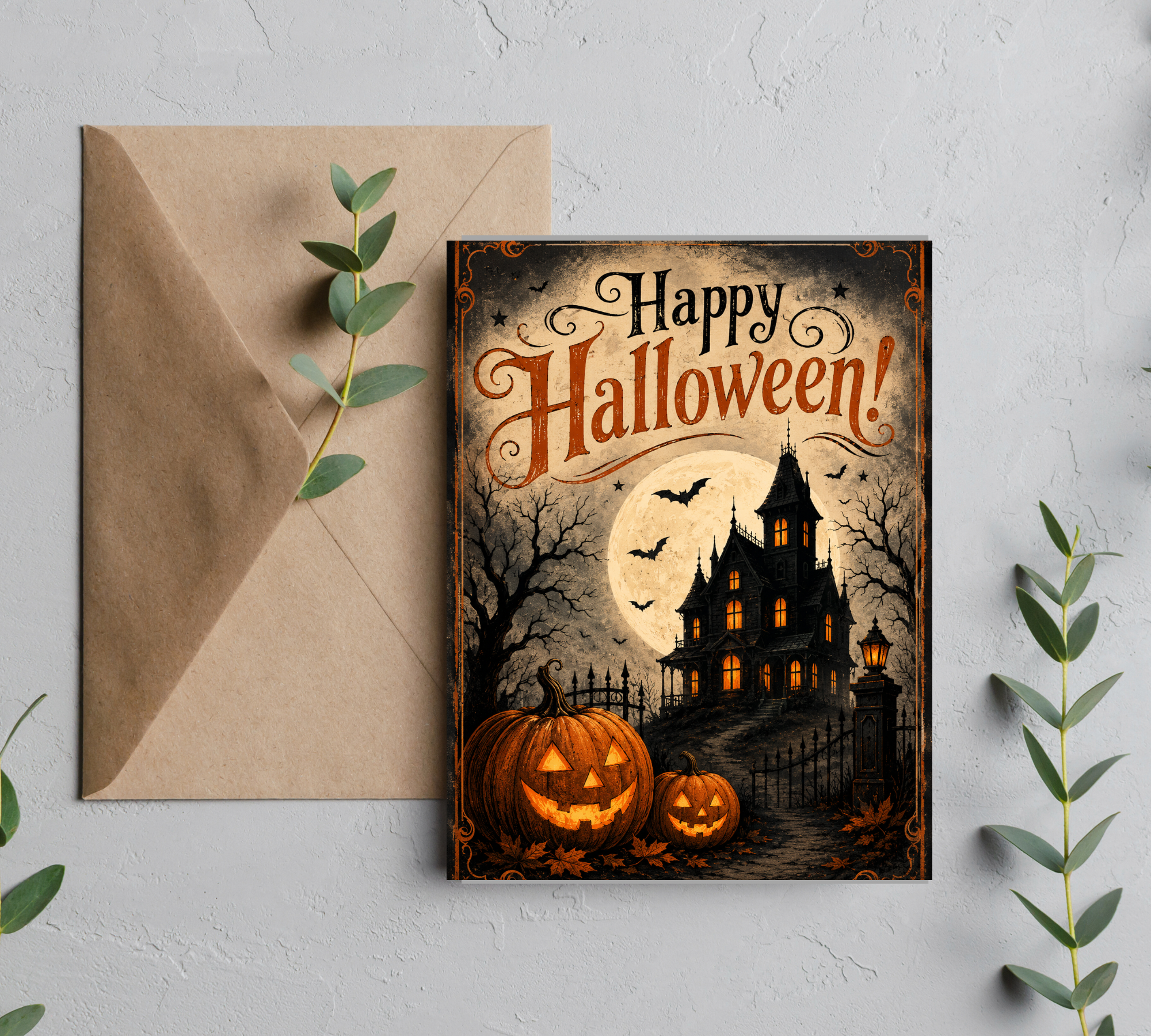 Haunted House Halloween Greeting Card with Envelope – Blank 5x7 Card