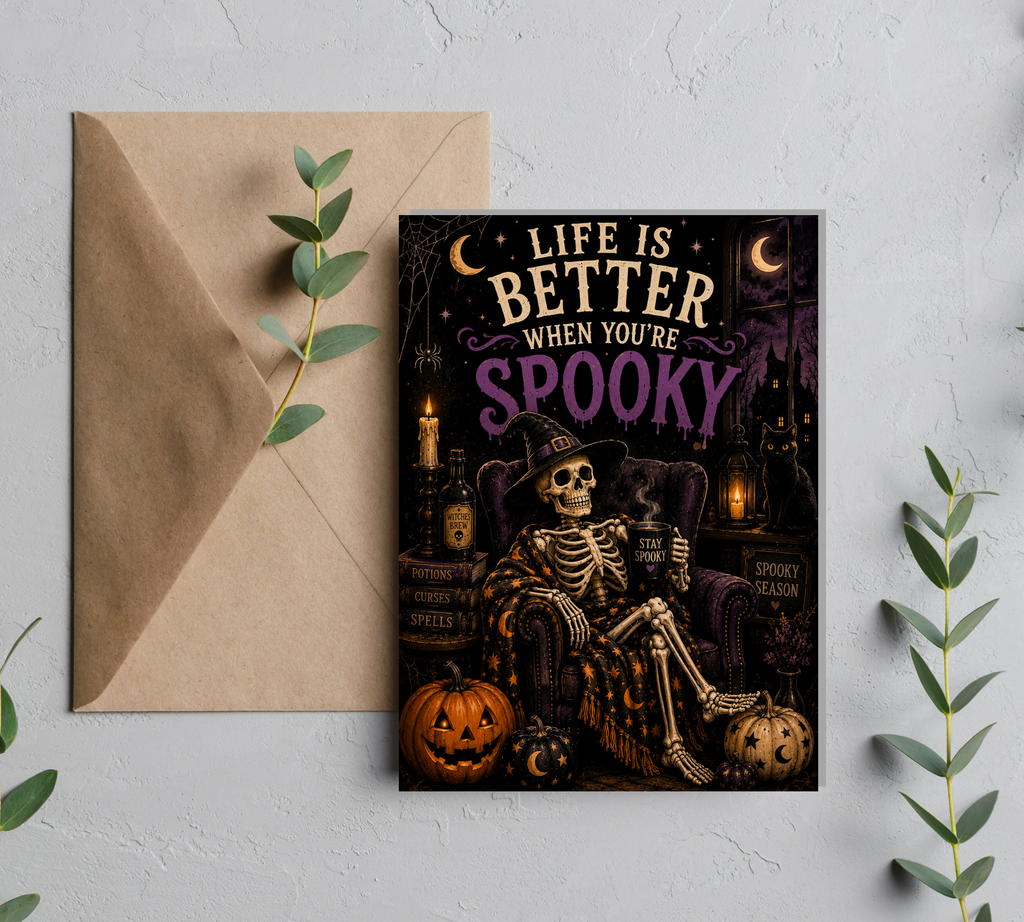 Life Is Better When You’re Spooky | Funny Skeleton Halloween Greeting Card With Envelope | Blank 5x7 Card