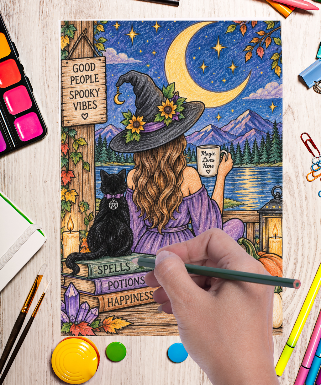 A hand is coloring a detailed Halloween-themed illustration on a wooden desk surrounded by art supplies. The illustration shows a woman in a witch hat with flowers, a black cat, a crescent moon, mountains, and books labeled 'Spells', 'Potions', and 'Happiness'.