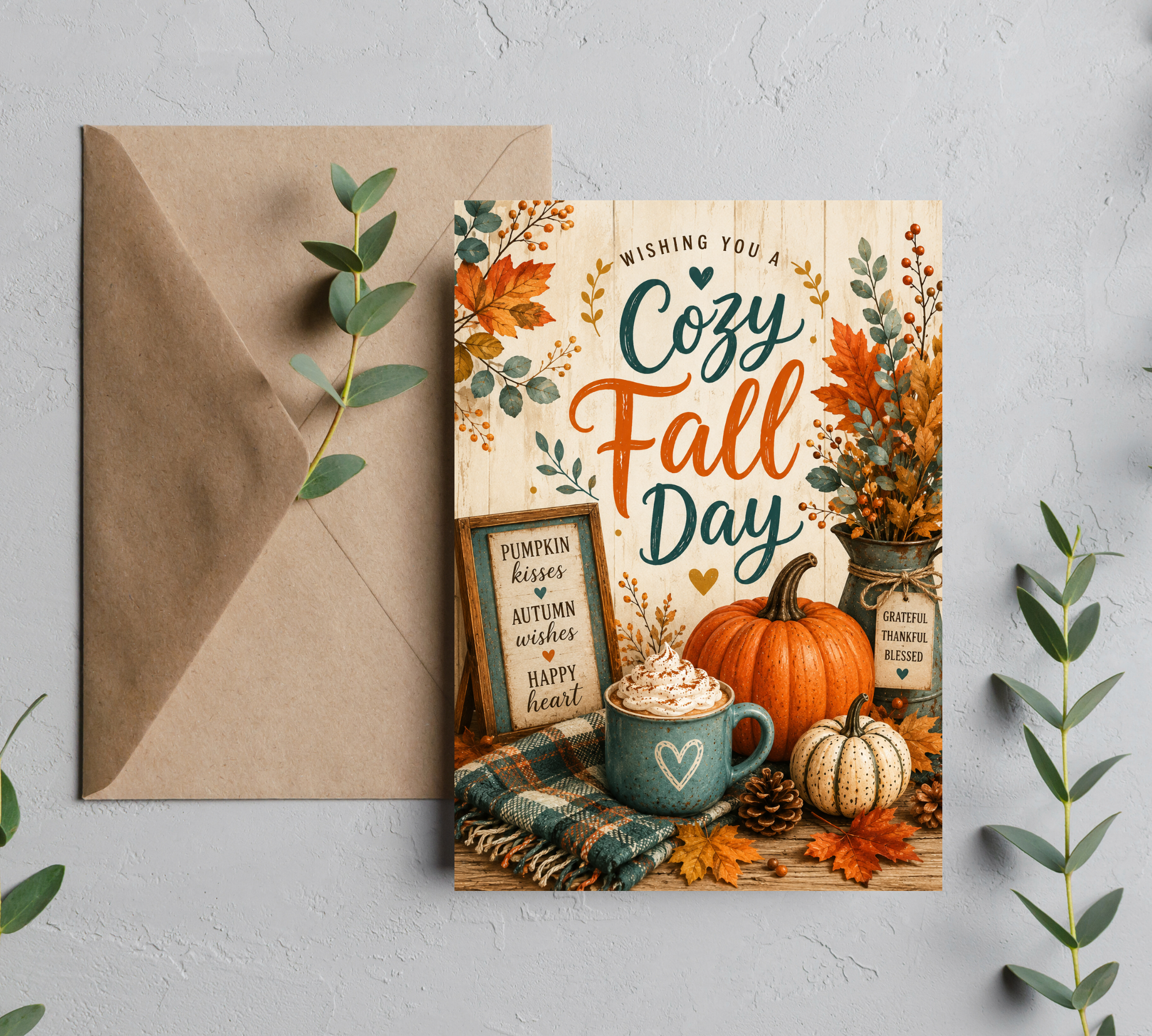 Cozy Fall Day Greeting Card | Autumn Pumpkin & Coffee | Blank 5x7 Card With Envelope