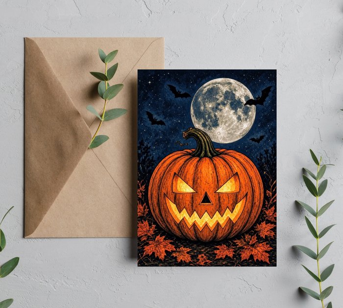 Jack-O’-Lantern Under the Moon Halloween Card | Seasonal Holiday Stationery Greeting Card | Blank 5x7 Card With Envelope